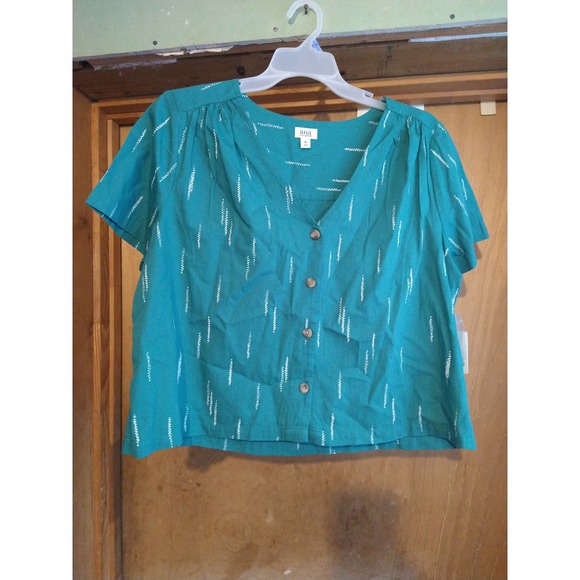 a.n.a Turquoise Button Down Short Sleeve Blouse XL - Picture 2 of 6